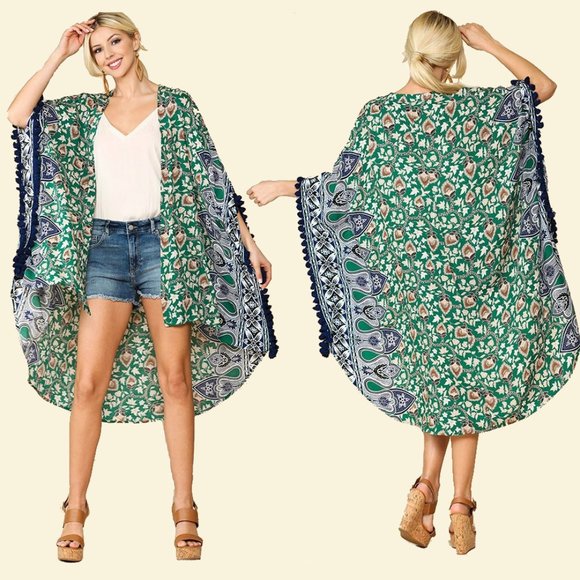 Gigio Border Print Tassel Trim Kimono • NWT • Rayon • Hi-Lo Hem • Open Front - Picture 1 of 6